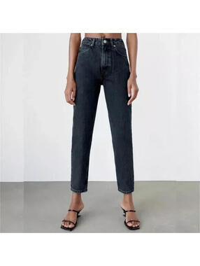 Zara Black Denim Jeans Size 12 Straight Leg Mid Waist Ankle Length